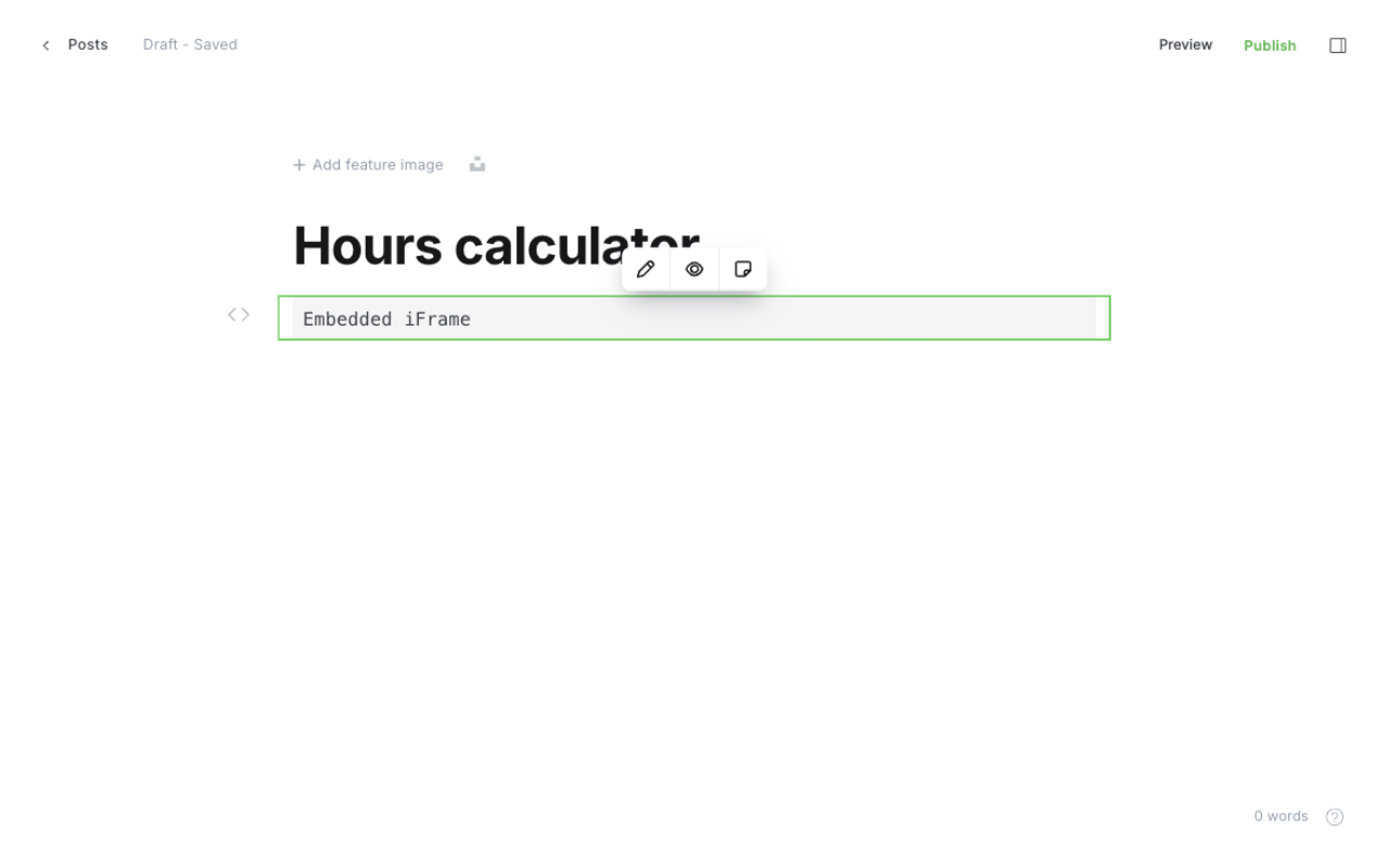 Ghost HTML card containing the iframe code with a live preview of the calculator below it