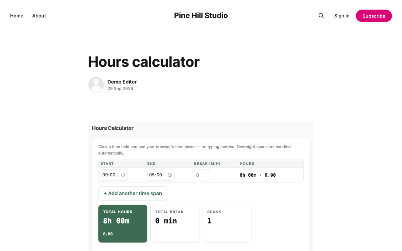 Published Ghost post showing the embedded hours calculator on the live site