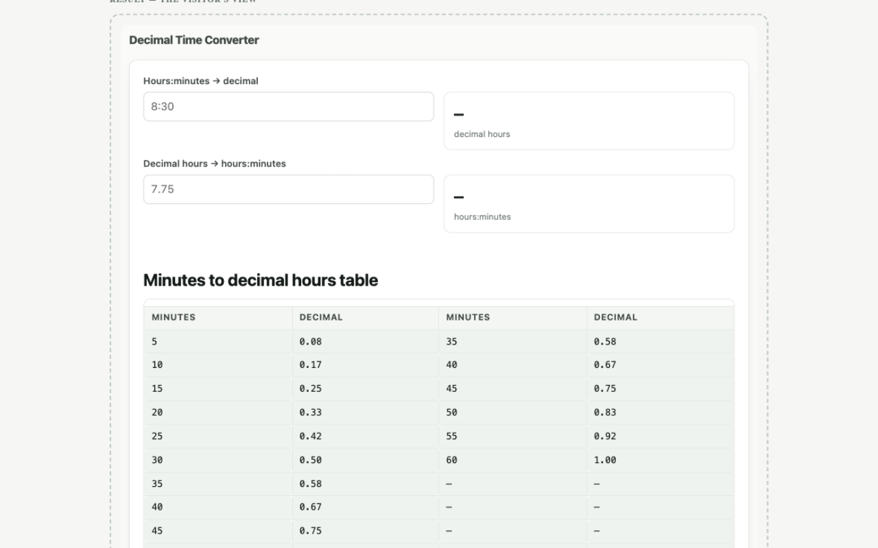 Browser view of the plain HTML page with the decimal converter widget rendered and working