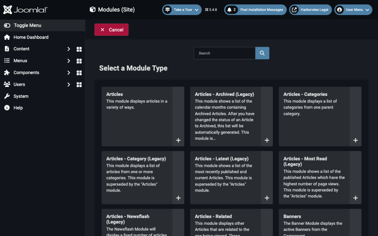 Joomla administrator listing Site Modules with the New button highlighted