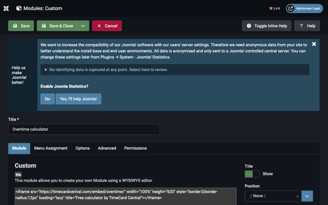 Joomla custom module editor with the TinyMCE source code view containing the iframe snippet