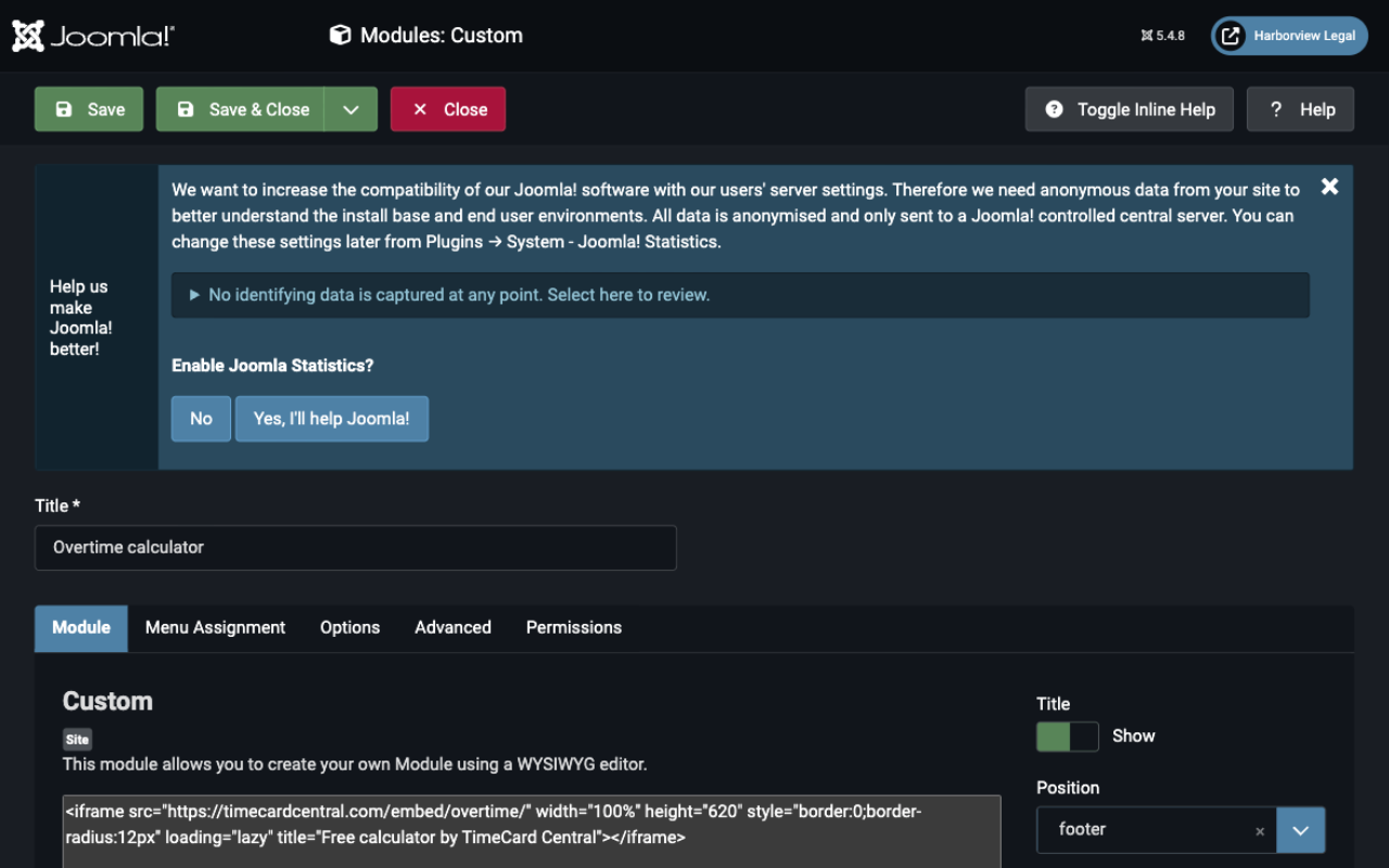 Joomla module settings with position and menu assignment fields