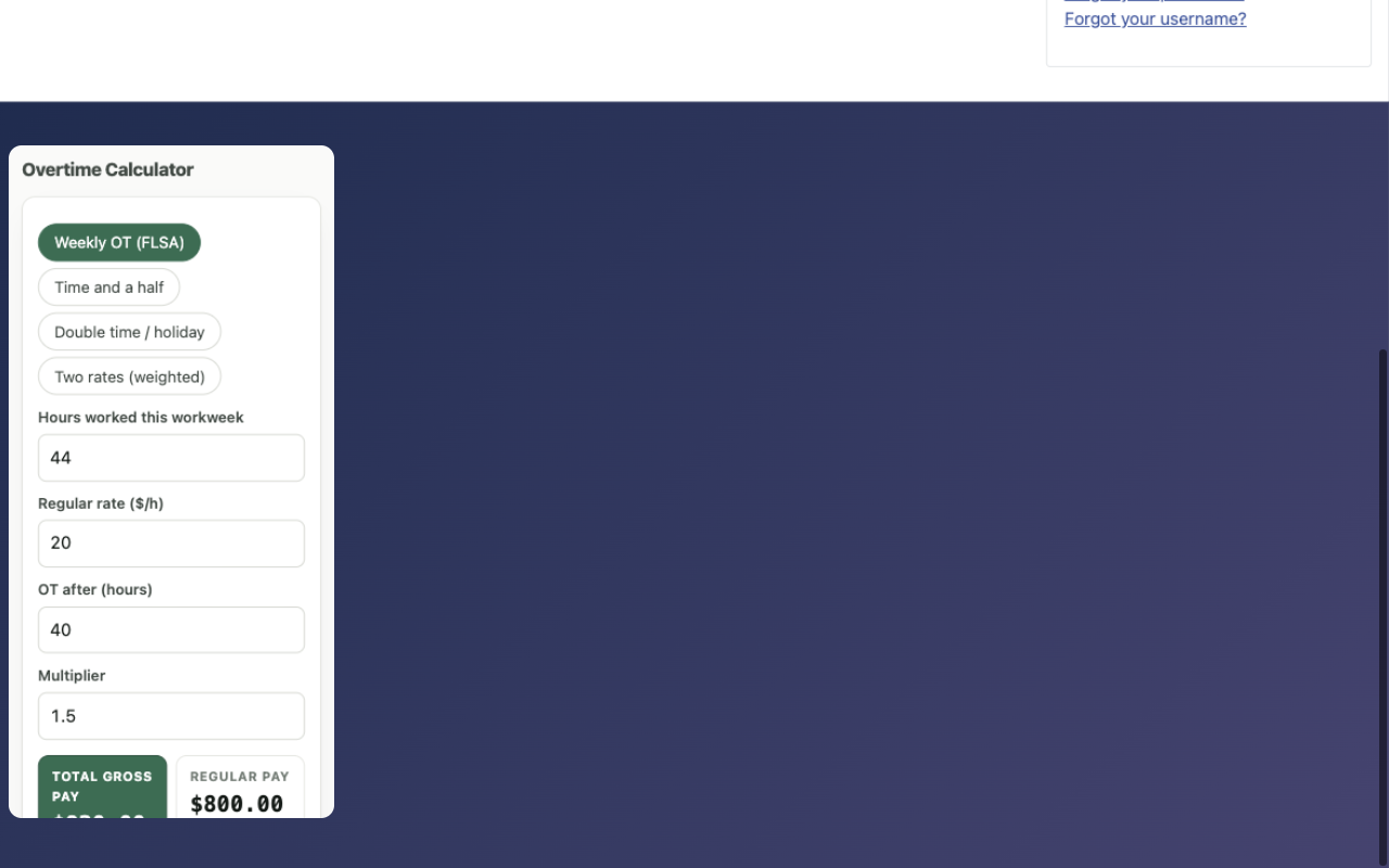 Joomla front end showing the embedded overtime calculator in the chosen template position