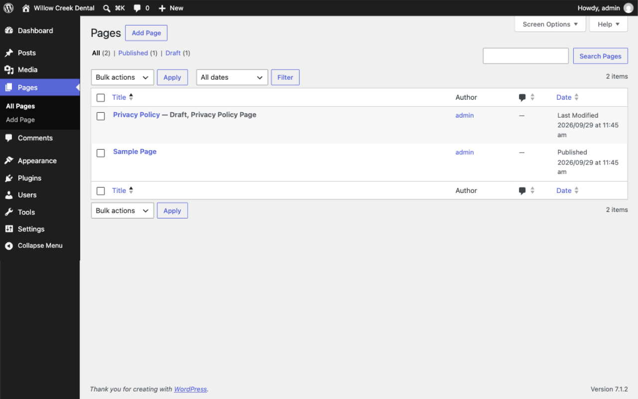 WordPress dashboard with Pages → Add New Page highlighted in the left menu