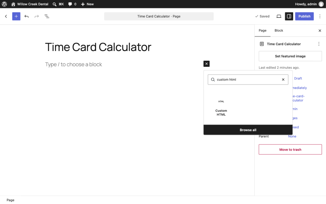 WordPress block inserter with a search for html and the Custom HTML block highlighted