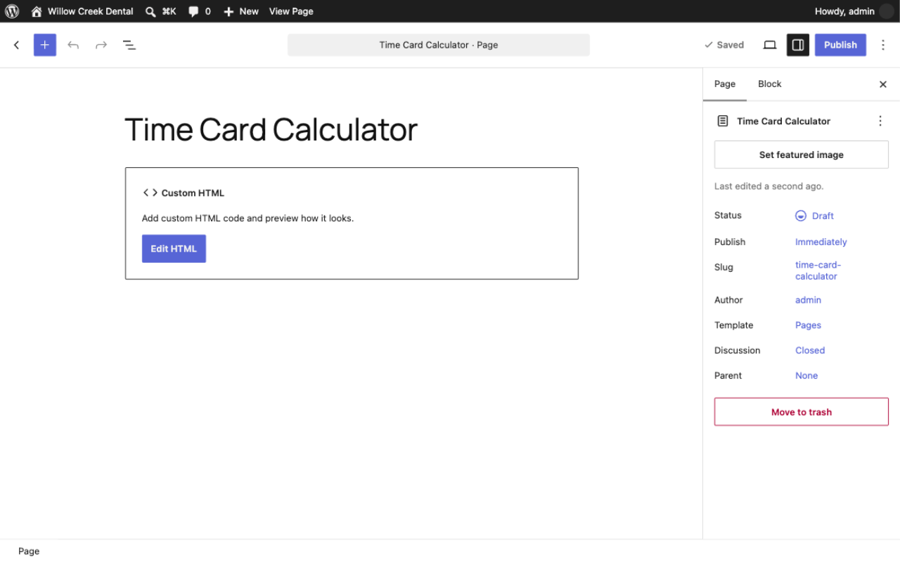 Custom HTML block in WordPress with the iframe code pasted and the preview showing the calculator
