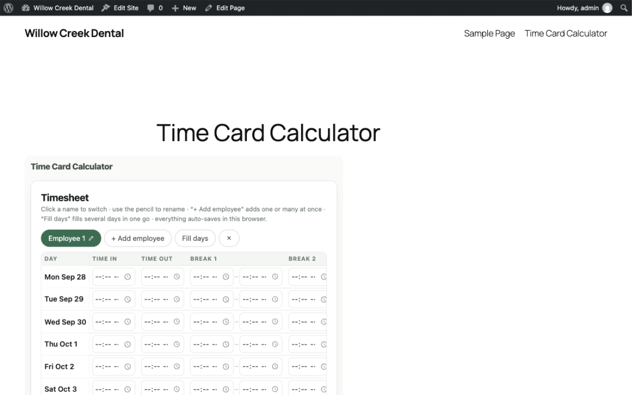 Published WordPress page showing the embedded time card calculator working on the live site